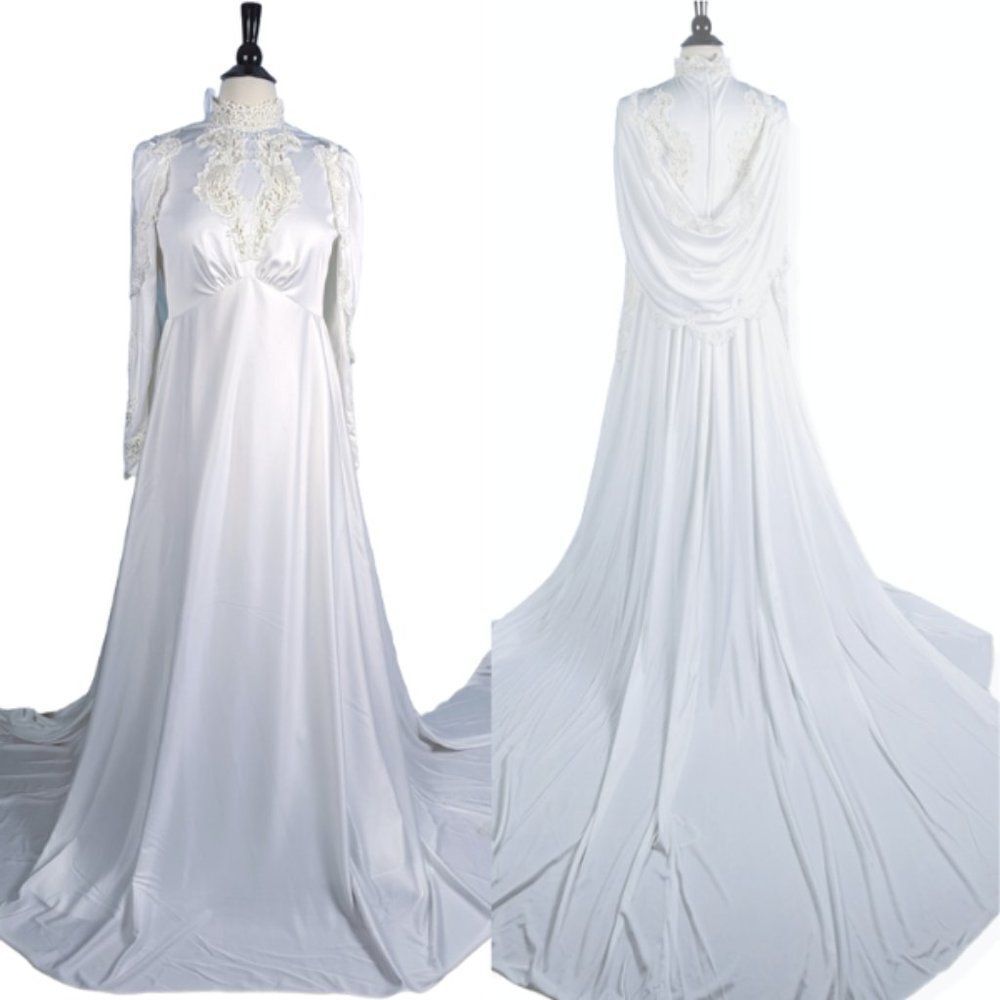 Vintage 80s Satin Long Sleeve Wedding Dress Lace High Neck Cape Cathedral Train